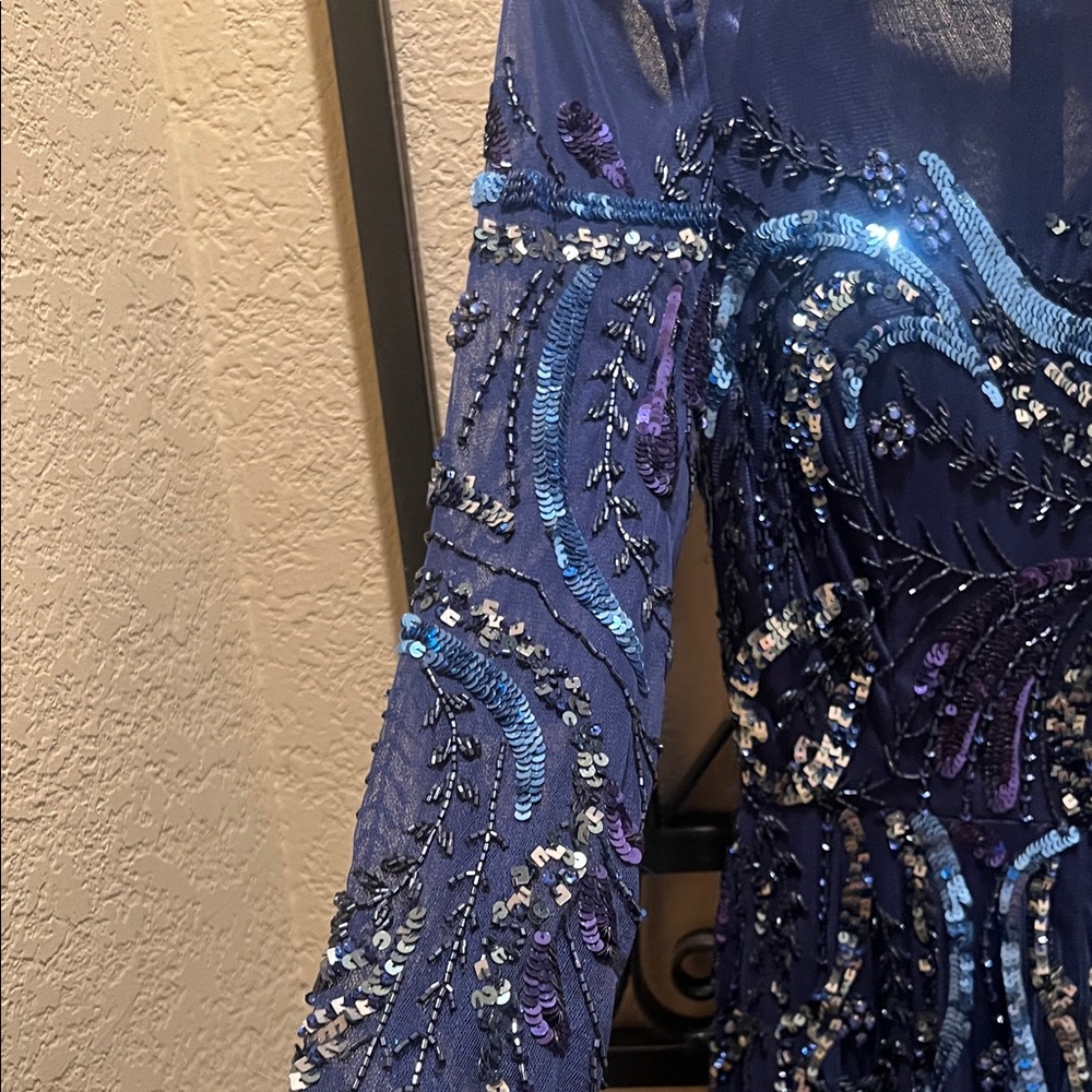 Mac Duggal Navy Blue Sequined Long Sleeve Evening Gown - Picture 7 of 11